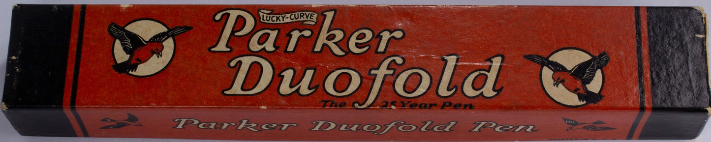 Parker Duofold Senior, Red Hard Rubber, Raised Cap Band, Button Fill, Large 14K Gold Duofold nib. Comes in original box with instruction sheet. Ozark Pen Shop