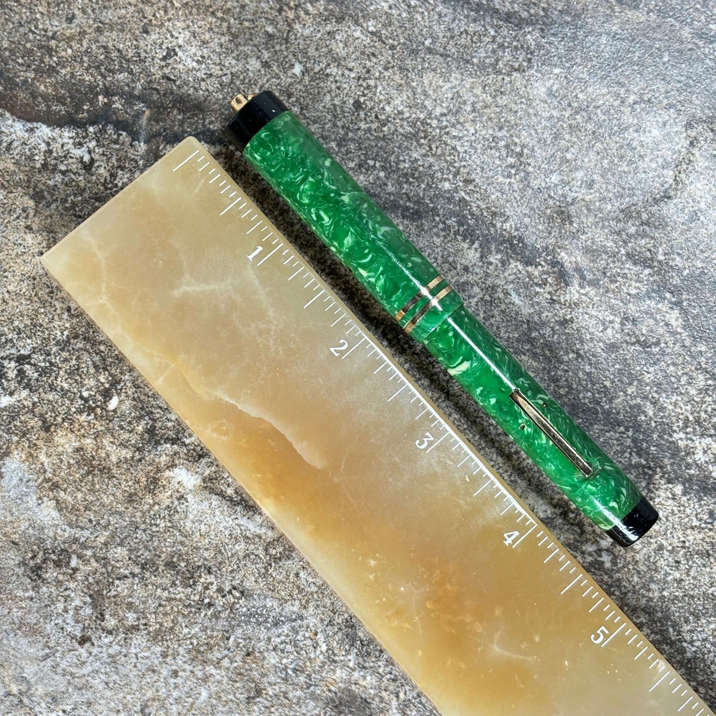 Sheaffer Flat Top JR. Ring top with Black Bands, Great Jade color. Ozark Pen Shop