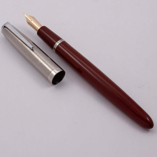 1947 Parker VS Fountain Pen, Rust-colored Barrel and Lustraloy Cap, Button Filler with a 14K Gold Nib  Ozark Pen Shop