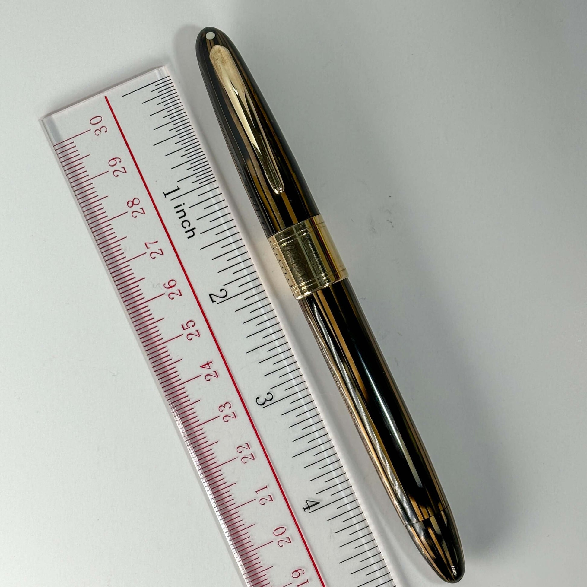 Sheaffer Triumph Lifetime Fountain Pen, Golden Brown with Large Gold-Filled Cap Band, Restored Vac-Fil, Two-tone 14K Medium Nib  Ozark Pen Shop