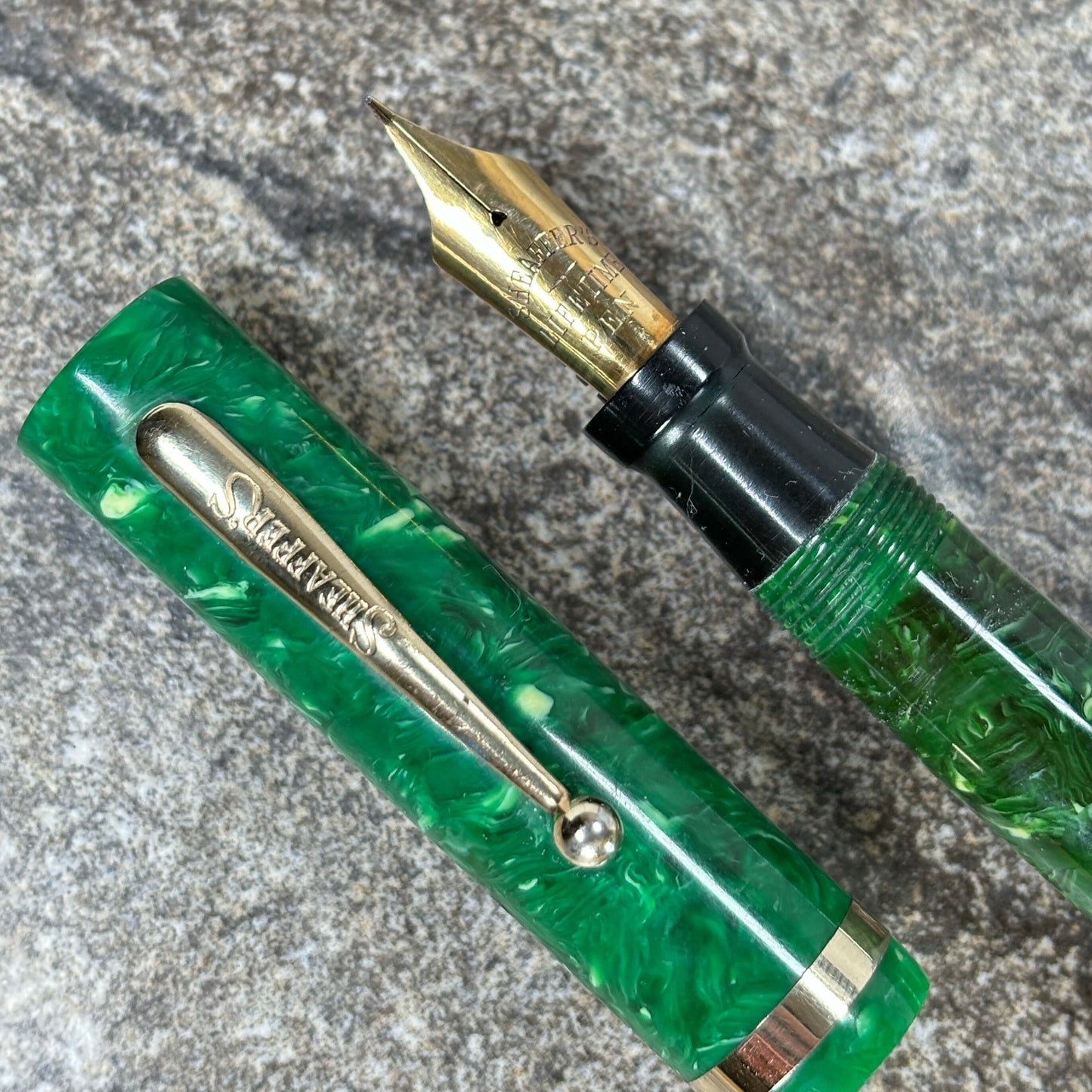 Sheaffer Flat Top Lifetime Fountain Pen, Oversized Jade Green, Large Lifetime 14K Med. Nib and Gold filled Trim Ozark Pen Shop