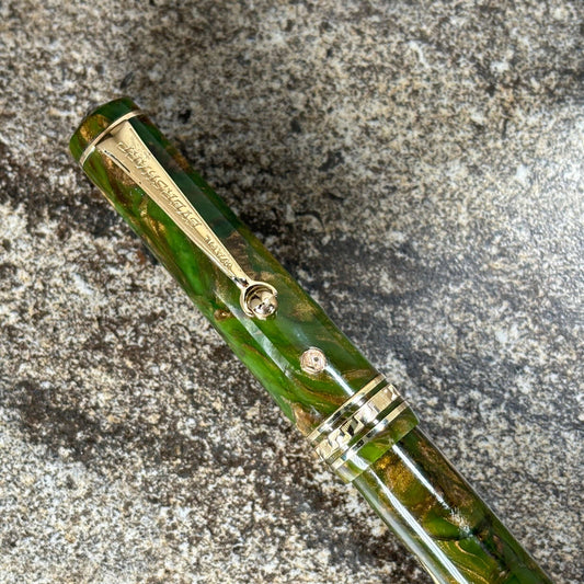 Wahl-Eversharp Equi-Poised Bronze Green, Gold Seal, High Set Soldier Clip Name/Type: Wahl-Eversharp Equi-Poised Manufacture Year: 1928 Length: 5 Filling System: Lever Filler; restored with new sac Color/Pattern: Bronze-Green, Also referred to as Brazillia