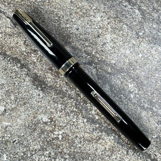 Waterman Commando Fountain Pen Black with Gold Filled Trim, Responsive 14K Waterman #5 Nib Name/Type: Waterman Commando Manufacture Year: 1940s Length: 5 Filling System: Lever Filler Color/Pattern: Black with gold filled trim Nib Type/Condition and remark