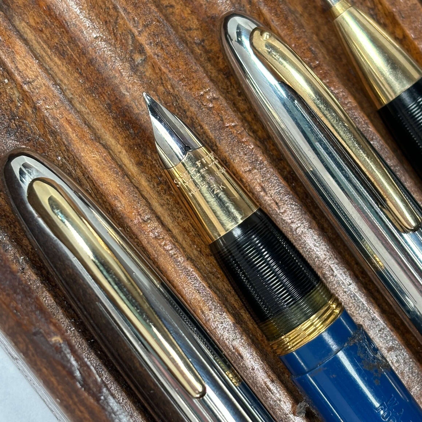 Sheaffer Triumph Sentinel Deluxe Three Piece Fountain Pen Set, Persian Blue, Restored Vac-Fil, Stickered NOS Ozark Pen Shop