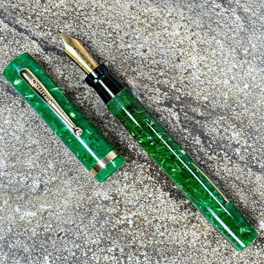 Sheaffer Flat Top Lifetime Fountain Pen, Oversized Jade Green, Large Lifetime 14K Med. Nib and Gold filled Trim Ozark Pen Shop
