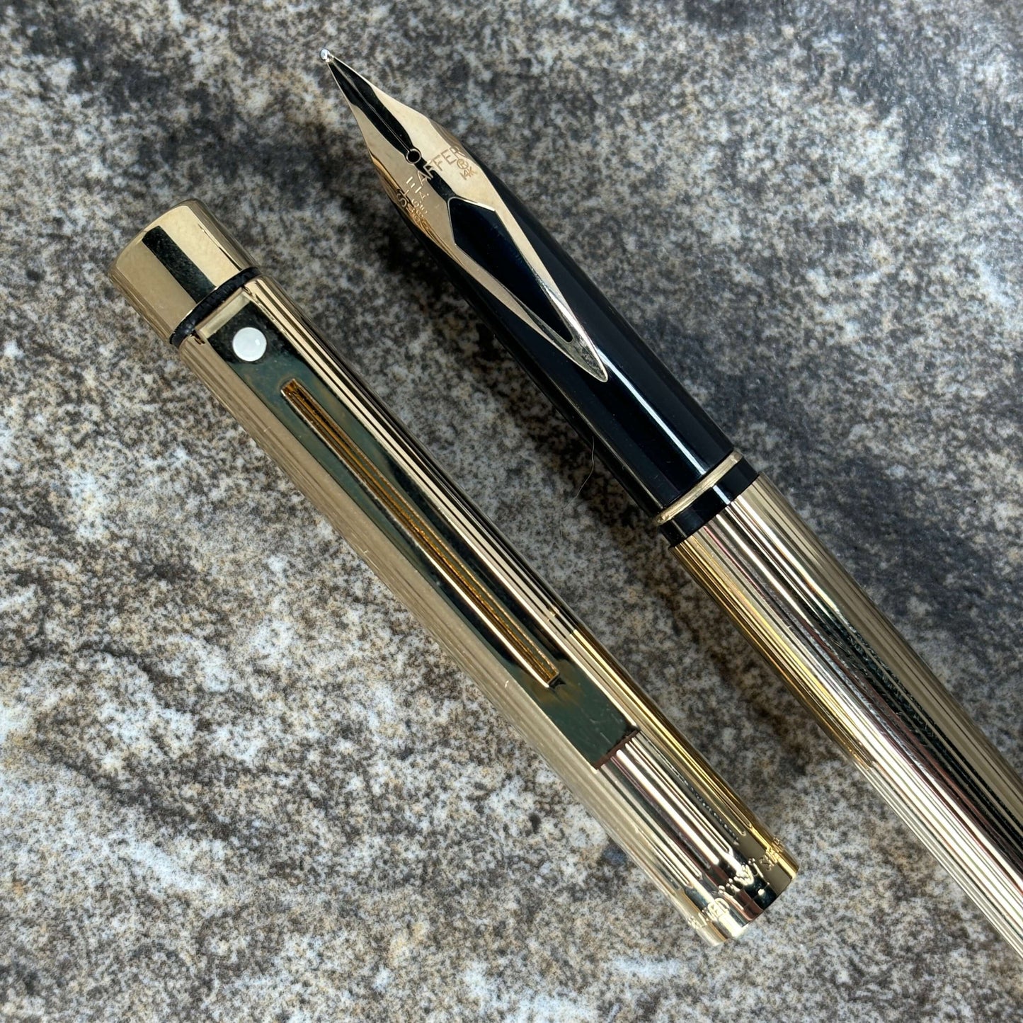 Sheaffer Targa Slimline, 23K electroplated finish with fluted pattern. 14K inlaid nib. Ozark Pen Shop