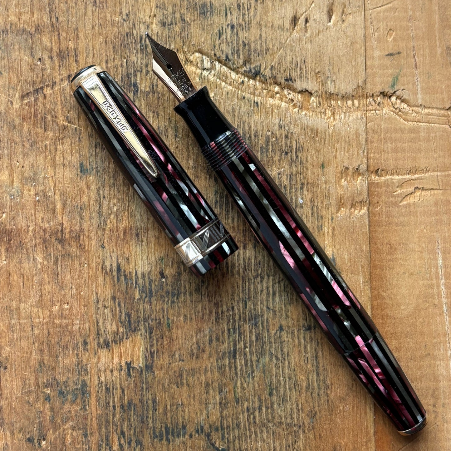 Parker Striped Duofold Debutante, Dusty Red Stripe