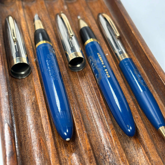 Sheaffer Triumph Sentinel Deluxe Three Piece Fountain Pen Set, Persian Blue, Restored Vac-Fil, Stickered NOS Ozark Pen Shop
