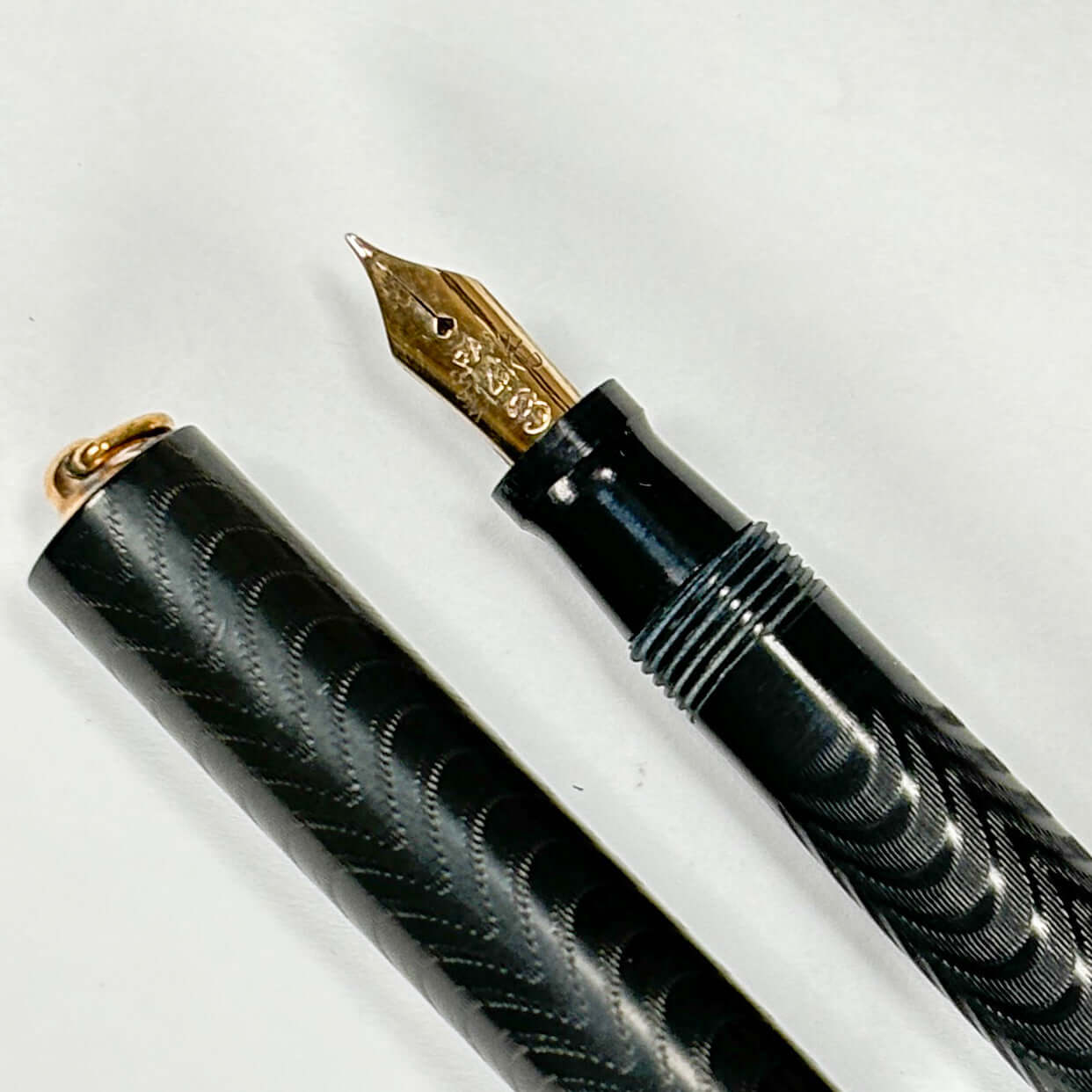 Craig (Sub Brand of Sheaffer) Chased Black Hard Rubber Fountain Pen, Ring Top, Restored Lever Fill Ozark Pen Shop