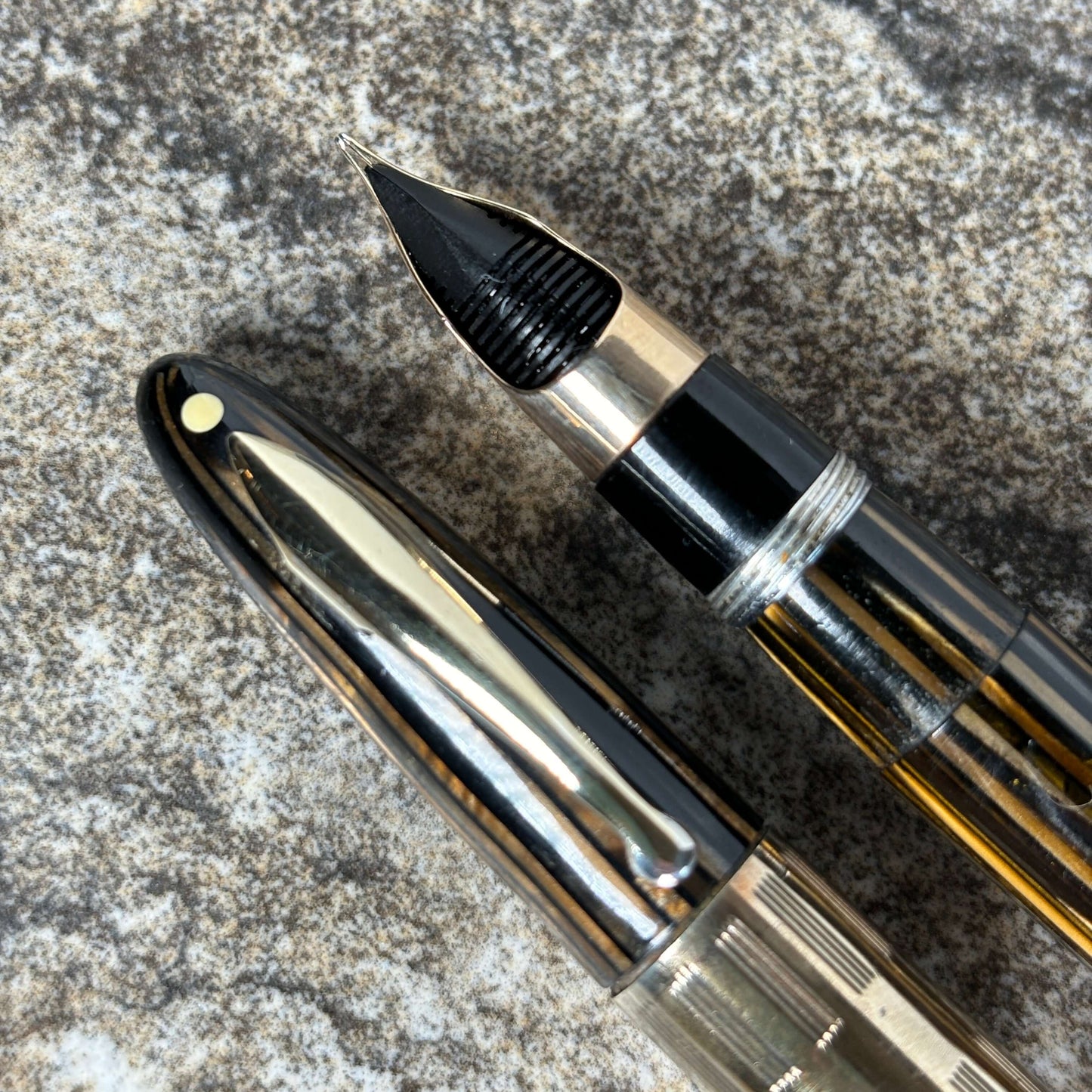 Sheaffer Triumph Vacu-Fil, Extra-wide Cap Band, Golden Brown with Gold Filled Trim, Fine Two-tone Nib Ozark Pen Shop