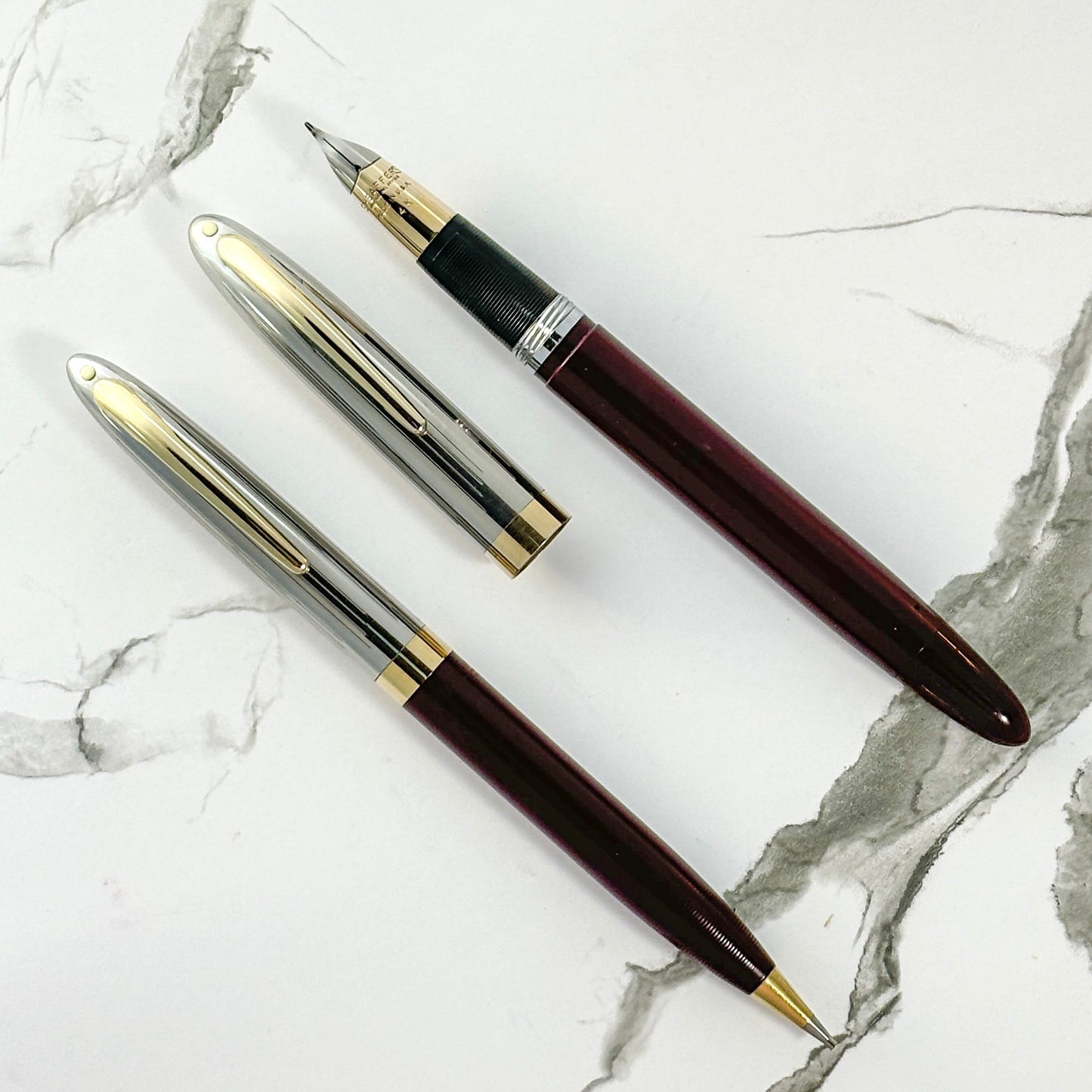 Sheaffer Touchdown TM Sentinel Deluxe; Pen and Pencil Set, Burgundy Barrel and two-tone Cap, 14K Triumph Nib Ozark Pen Shop