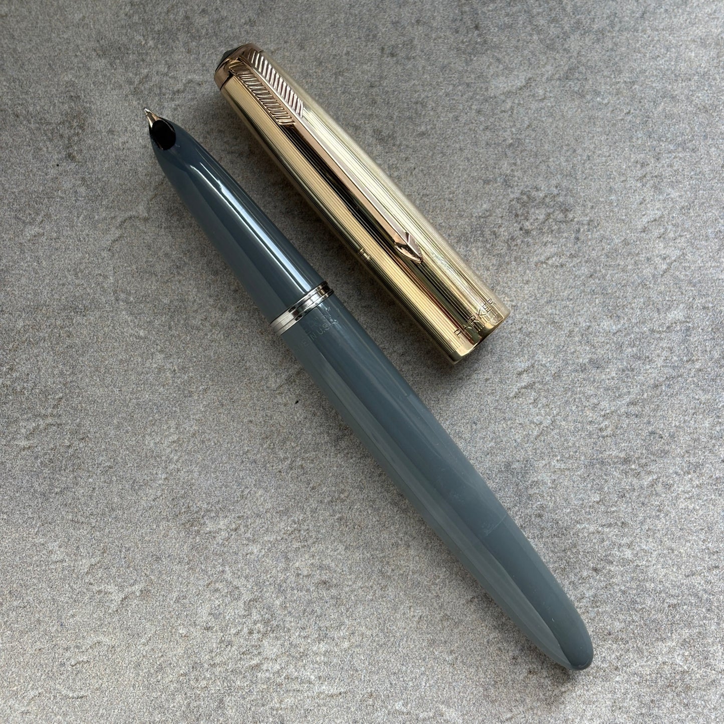 Parker 51 Demi Vacumatic, Dove Gray, Gold Filled Lined Cap, Fine 14K gold nib