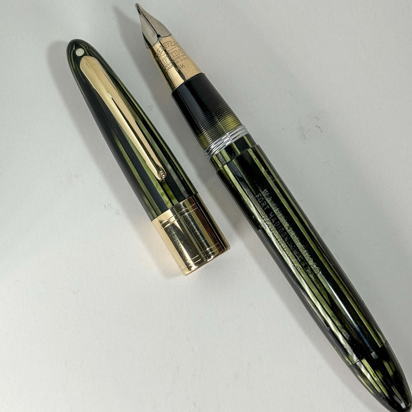Sheaffer Triumph Lifetime Fountain Pen, Marine Green with Large Gold-Filled Cap Band, Restored Vac-Fil, Two-tone 14K Fine-Med Nib Ozark Pen Shop