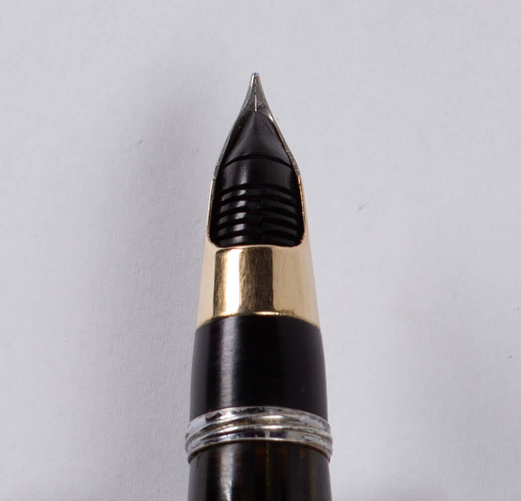 Sheaffer Triumph Vacuum-Fil Plunger Filler, Extra Wide Cap Band. Marine Green with chrome plated trim, Medium 14K Two Tone Triumph Nib; Restored Vintage Vac-Fil Fountain Pen Ozark Pen Shop