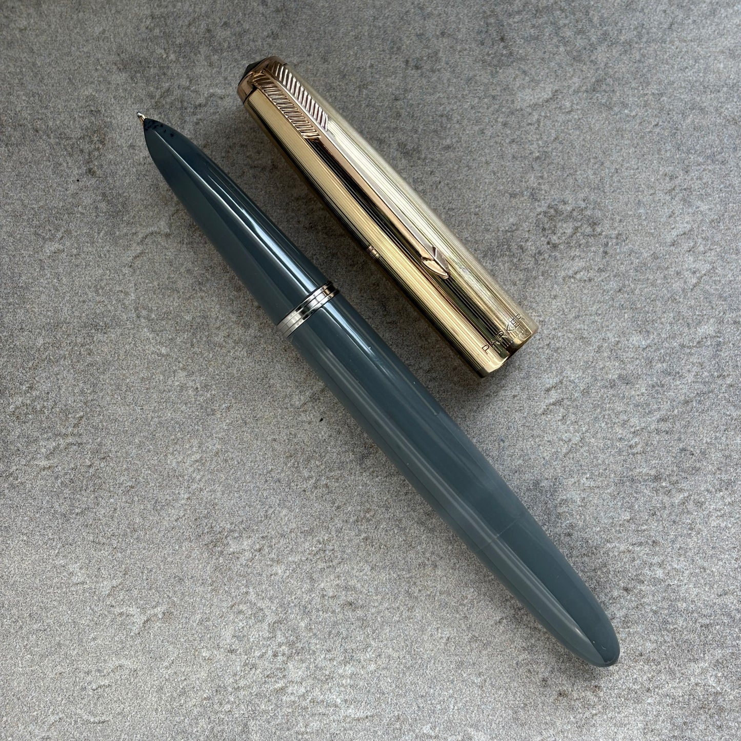 Parker 51 Demi Vacumatic, Dove Gray, Gold Filled Lined Cap, Fine 14K gold nib