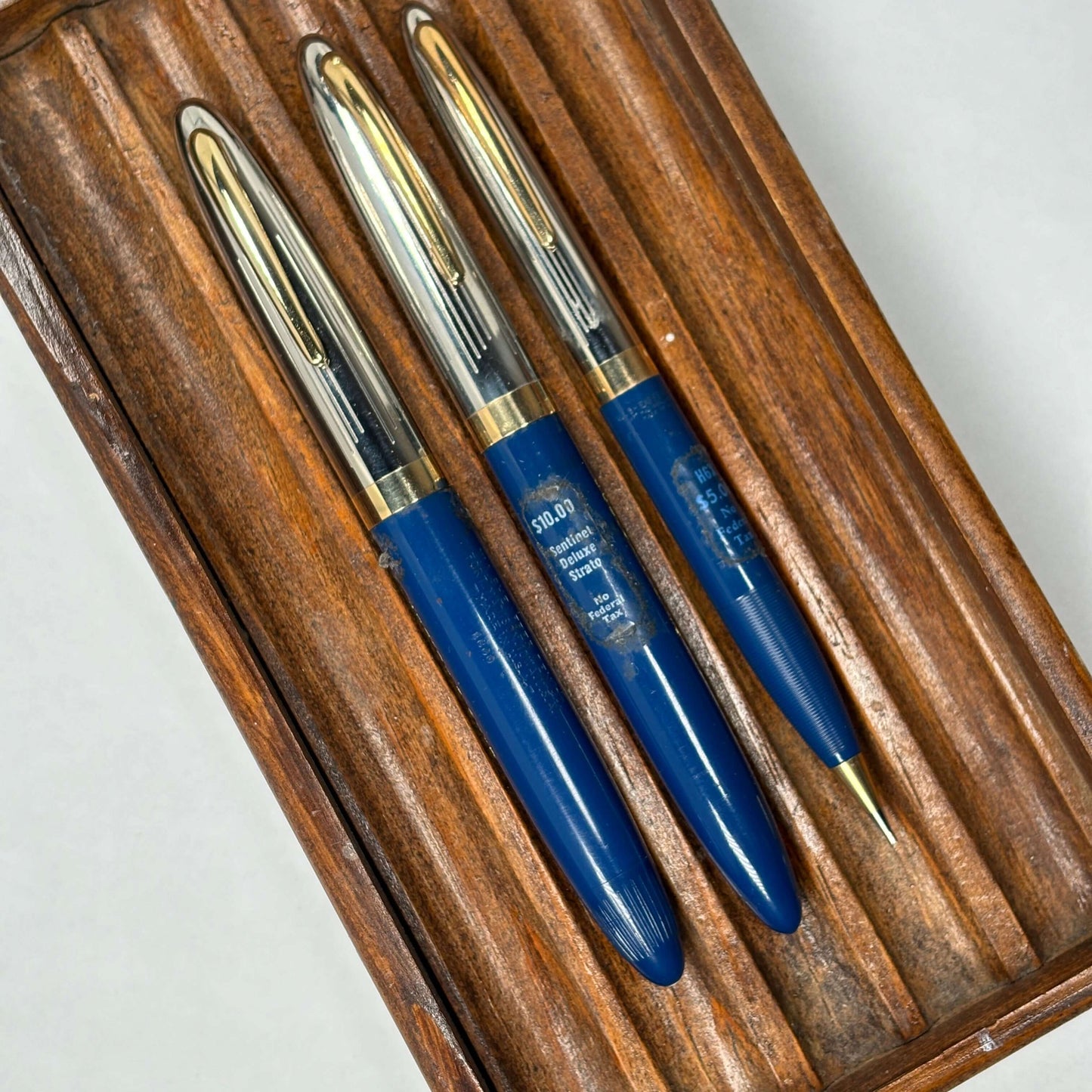 Sheaffer Triumph Sentinel Deluxe Three Piece Fountain Pen Set, Persian Blue, Restored Vac-Fil, Stickered NOS Ozark Pen Shop