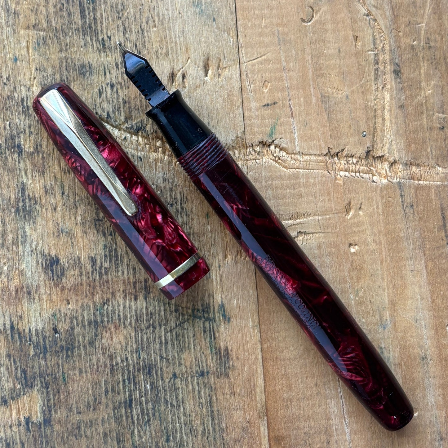 Sheaffer WASP, Lever-fil, Two-tone WASP NibName/Type: Sheaffer WASP Clipper Manufacture Year: Late 1930s Length: 5 Filling System: Lever-Fil, Restored with new seals. Color/Pattern: Red and black, gold-filled trim. Nib Type/Condition and remarks: Smooth a