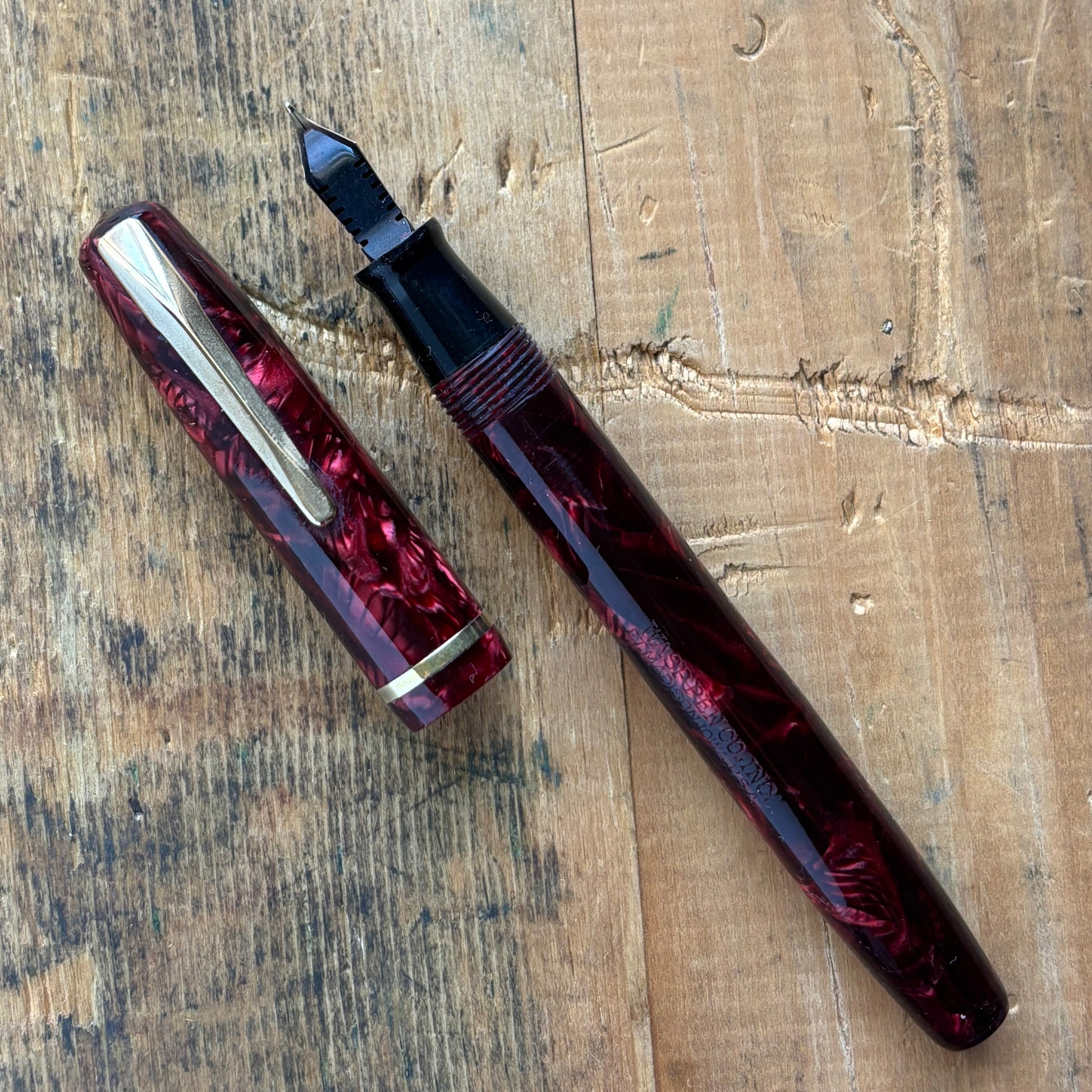 Sheaffer WASP, Lever-fil, Two-tone WASP NibName/Type: Sheaffer WASP Clipper Manufacture Year: Late 1930s Length: 5 Filling System: Lever-Fil, Restored with new seals. Color/Pattern: Red and black, gold-filled trim. Nib Type/Condition and remarks: Smooth a