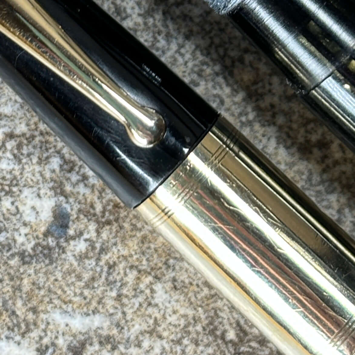 1940s Sheaffer Triumph Vacuum-fil, Extra-wide solid gold cap band, Black. Fine Two-tone Nib  Ozark Pen Shop