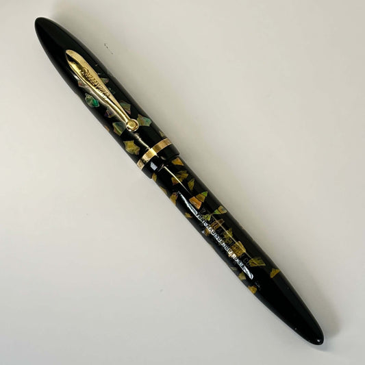 Sheaffer Balance Admiral, Ebonized Pearl, Two-tone Feathertouch #5 nib; medium. Name/Type: Sheaffer Balance Manufacture Year: Mid 1930s Length: 5 3/8 Filling System: Lever filler; restored with new sac Color/Pattern: Ebonized Pearl with gold-filled trim N