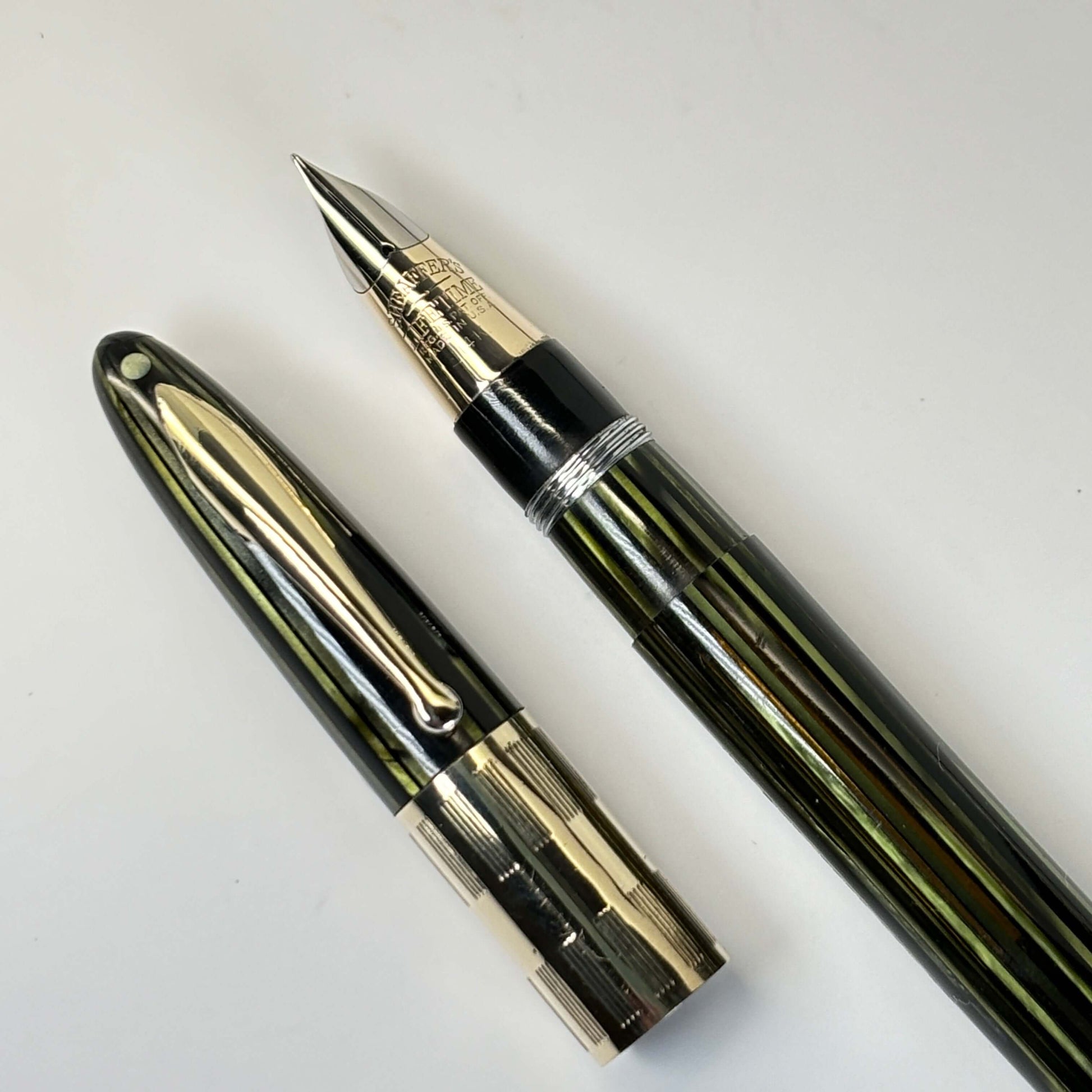 1940s Sheaffer Triumph Vac-fil, Extra-wide cap Band, Marine Green with Gold-filled trim. Medium Two-tone Nib  Ozark Pen Shop