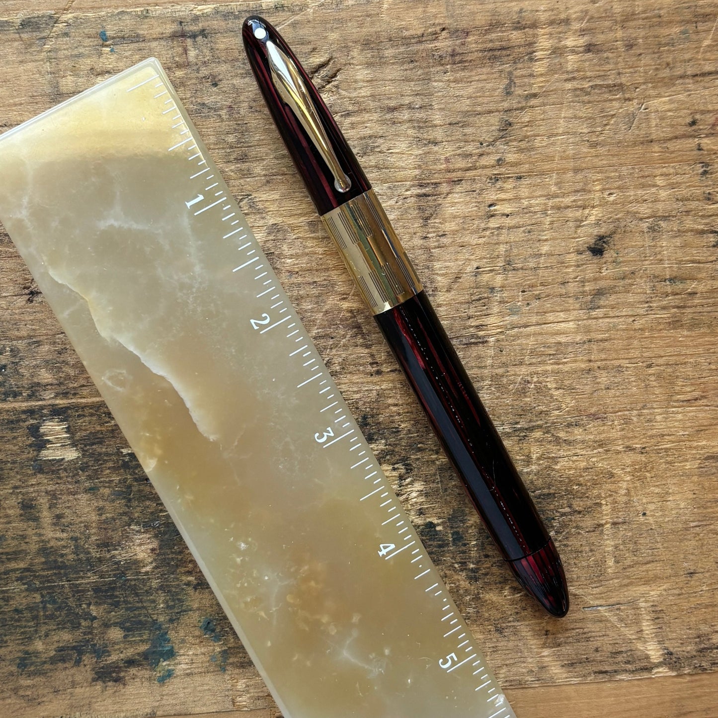 Carmine Red Sheaffer Triumph Vac-fil, Extra-wide Band, Two-tone Fine nib