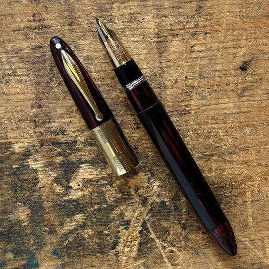 Carmine Red Sheaffer Triumph Vac-fil, Extra-wide Band, Two-tone Fine nib