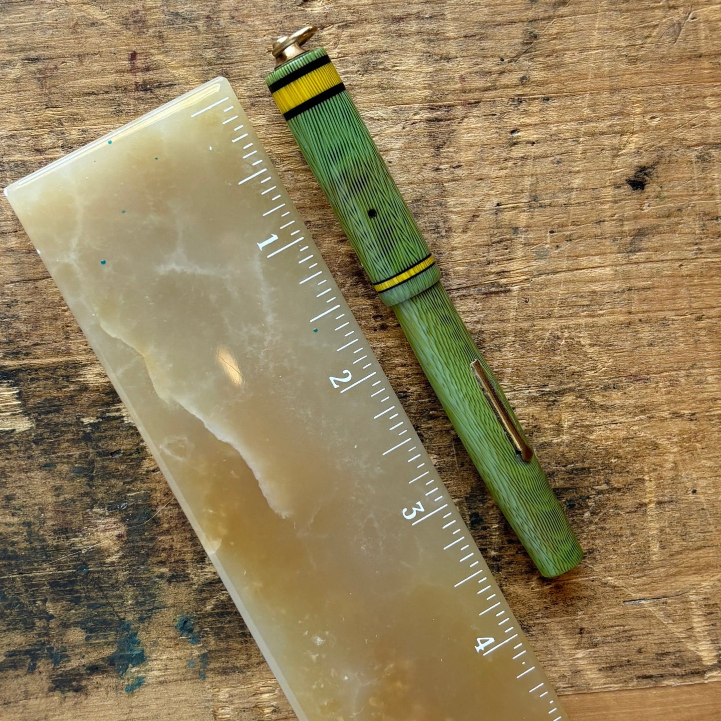 Swan 92 Ring Top, Nile Green with Yellow and Black Bands; Fine Flexy Nib