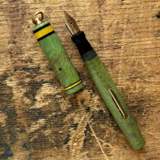 Swan 92 Ring Top, Nile Green with Yellow and Black Bands; Fine Flexy Nib