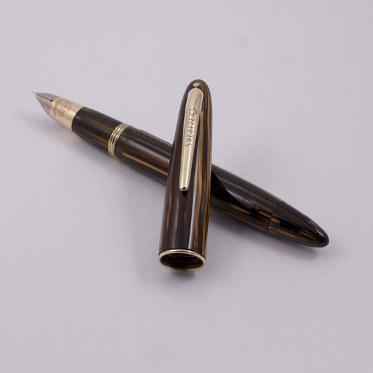 Sheaffer Vac-Fil, Brown Striated with a 14K Gold Two-tone Fine Nib, White Dot, Lifetime Vintage Vac-Fil Fountain Pen Ozark Pen Shop   