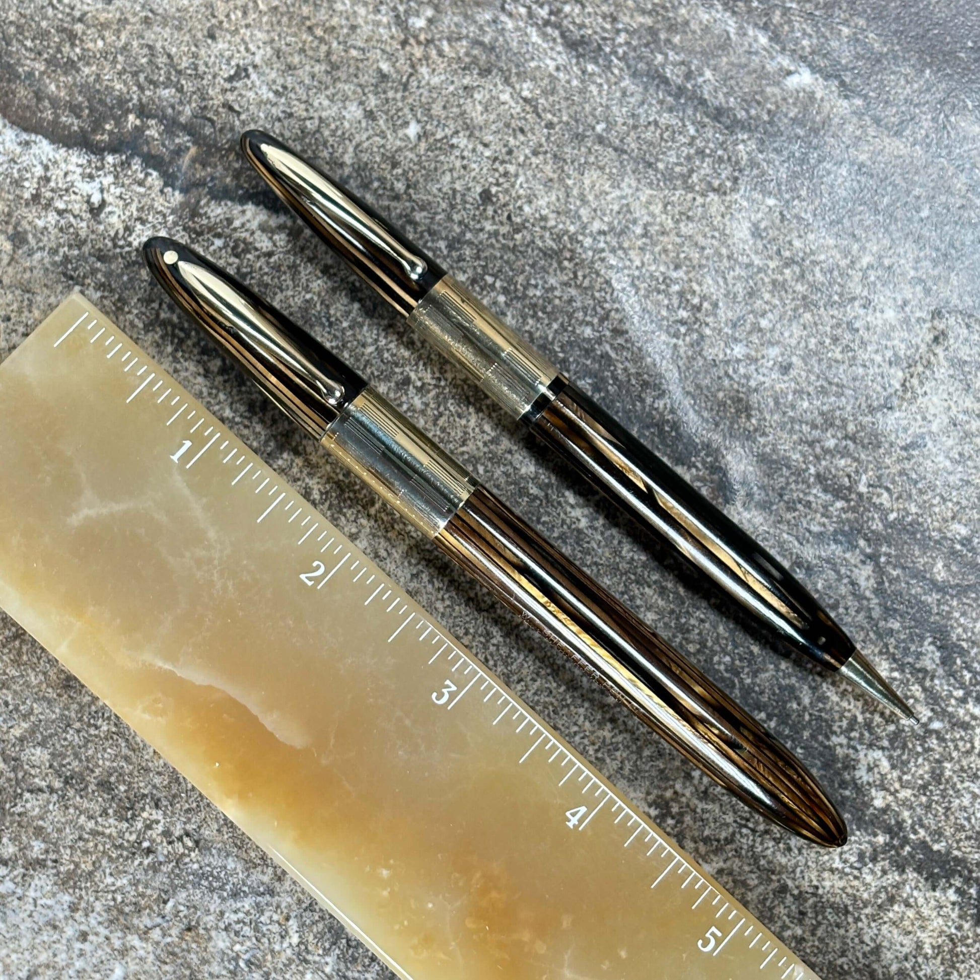 Sheaffer Triumph Lever Fill Pen and Pencil Set, Extra-wide cap Band, Golden Brown with gold filled trim. Fine Two-tone Nib  Ozark Pen Shop   