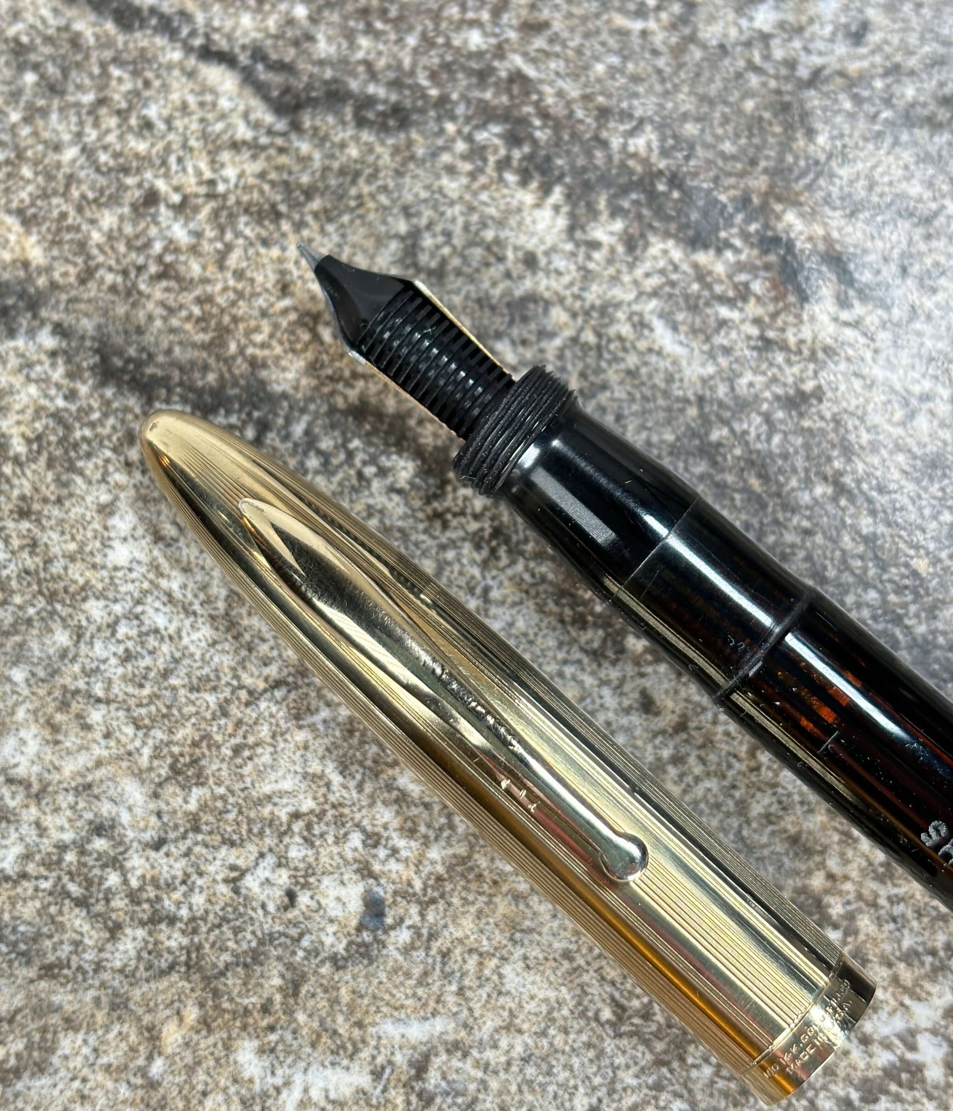 Sheaffer Crest, Restored Vac- Filler, Black with Gold Filled Cap, 14K Two-tone Nib  Ozark Pen Shop   