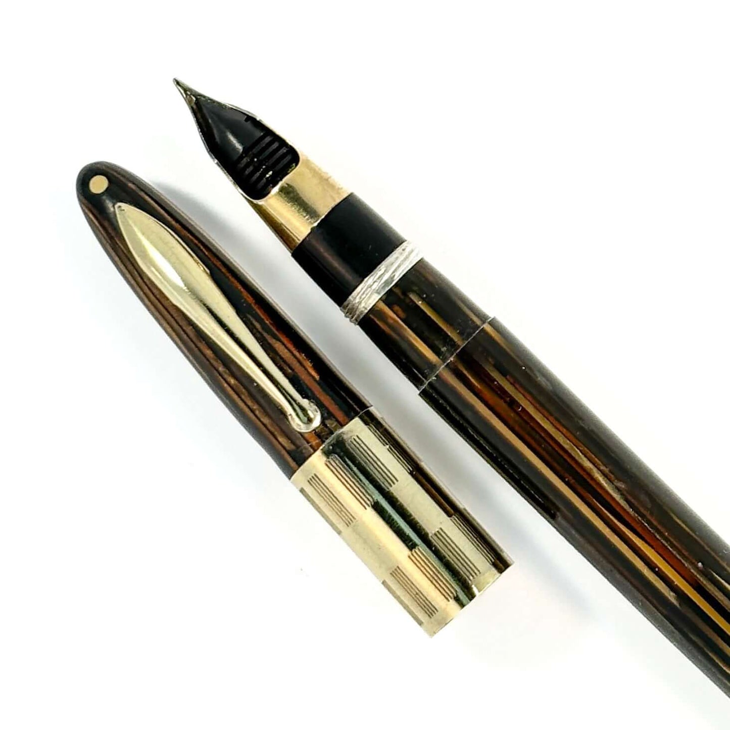 Sheaffer Triumph Vacuum-fil, Golden Brown, Extra-wide cap Band with gold filled trim. Fine Two-tone Nib  Ozark Pen Shop   