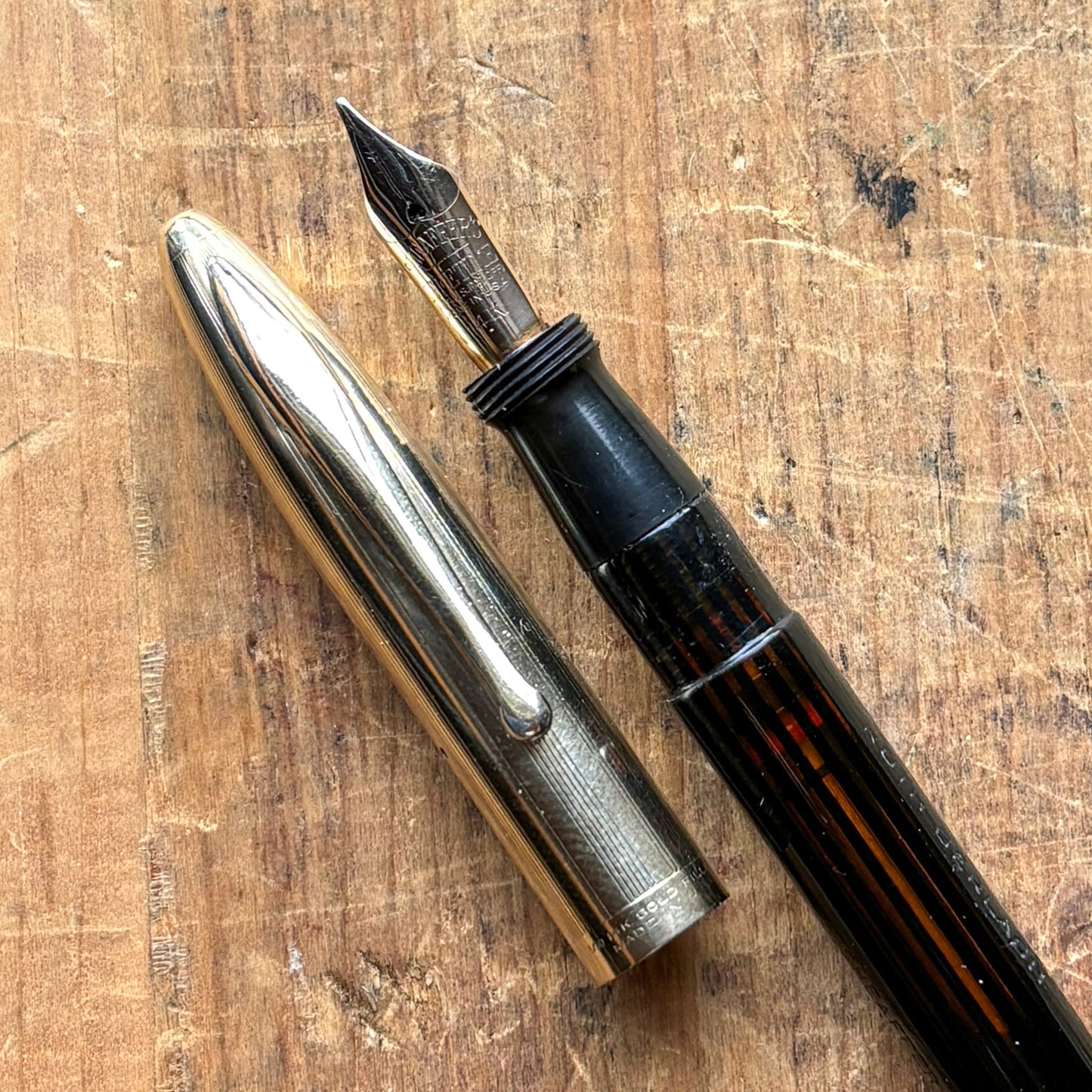 Sheaffer Crest, Restored Vac- Fil, Black with Gold Filled Cap, 14K Two-tone Nib