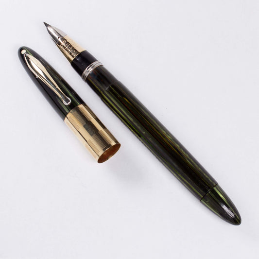 Sheaffer Triumph Vacuum-Fil Plunger Filler, Extra Wide Cap Band. Marine Green with chrome plated trim, Medium 14K Two Tone Triumph Nib; Restored Vintage Vac-Fil Fountain Pen Ozark Pen Shop   