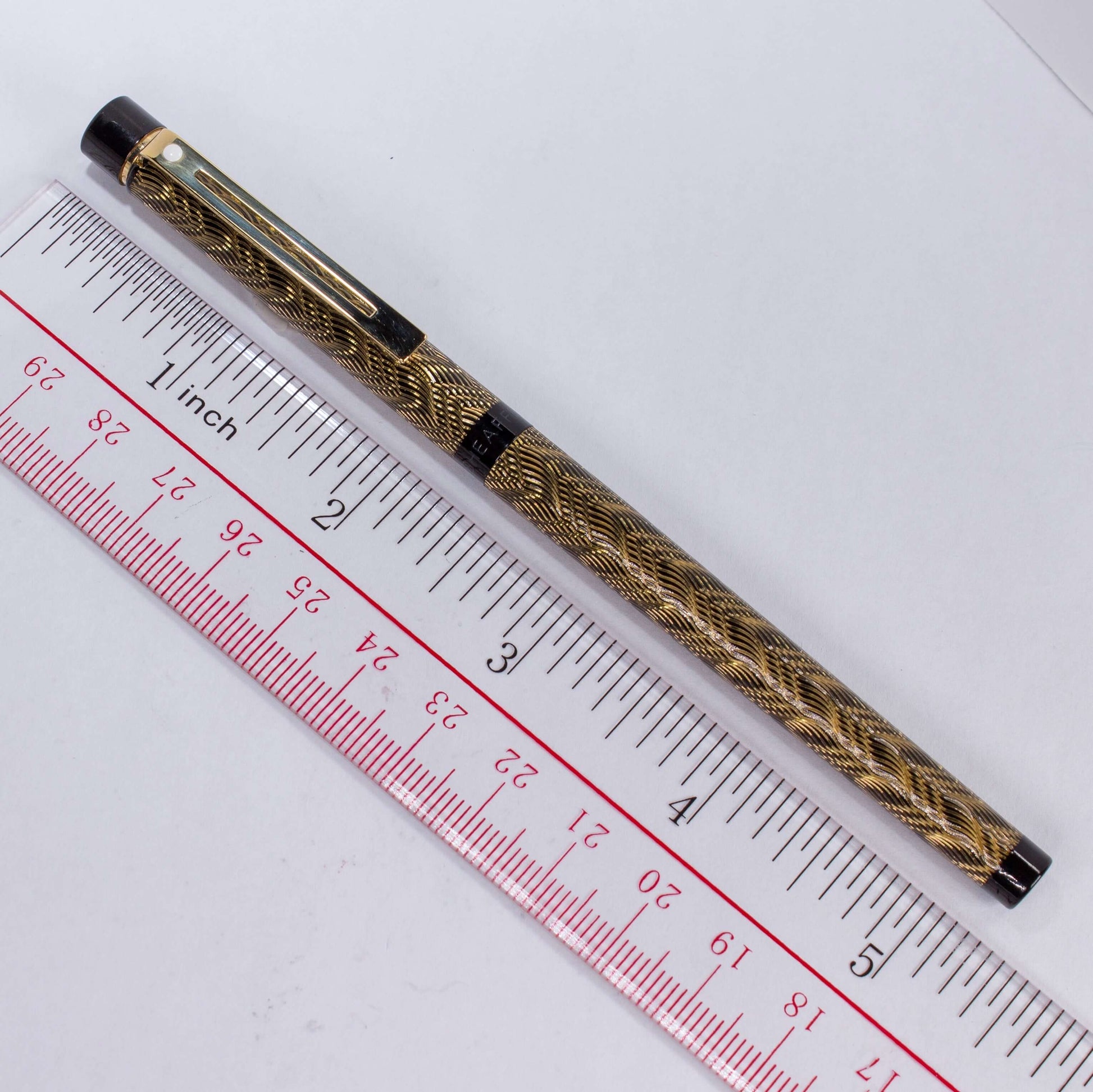 Sheaffer Slim Targa Fountain Pen, Brass and Lacquer Finish in Feather Pattern, 14K Inlaid Nib  Ozark Pen Shop   