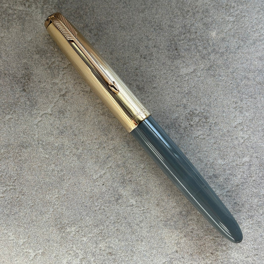 Parker 51 Demi Vacumatic, Dove Gray, Gold Filled Lined Cap, Fine 14K gold nib