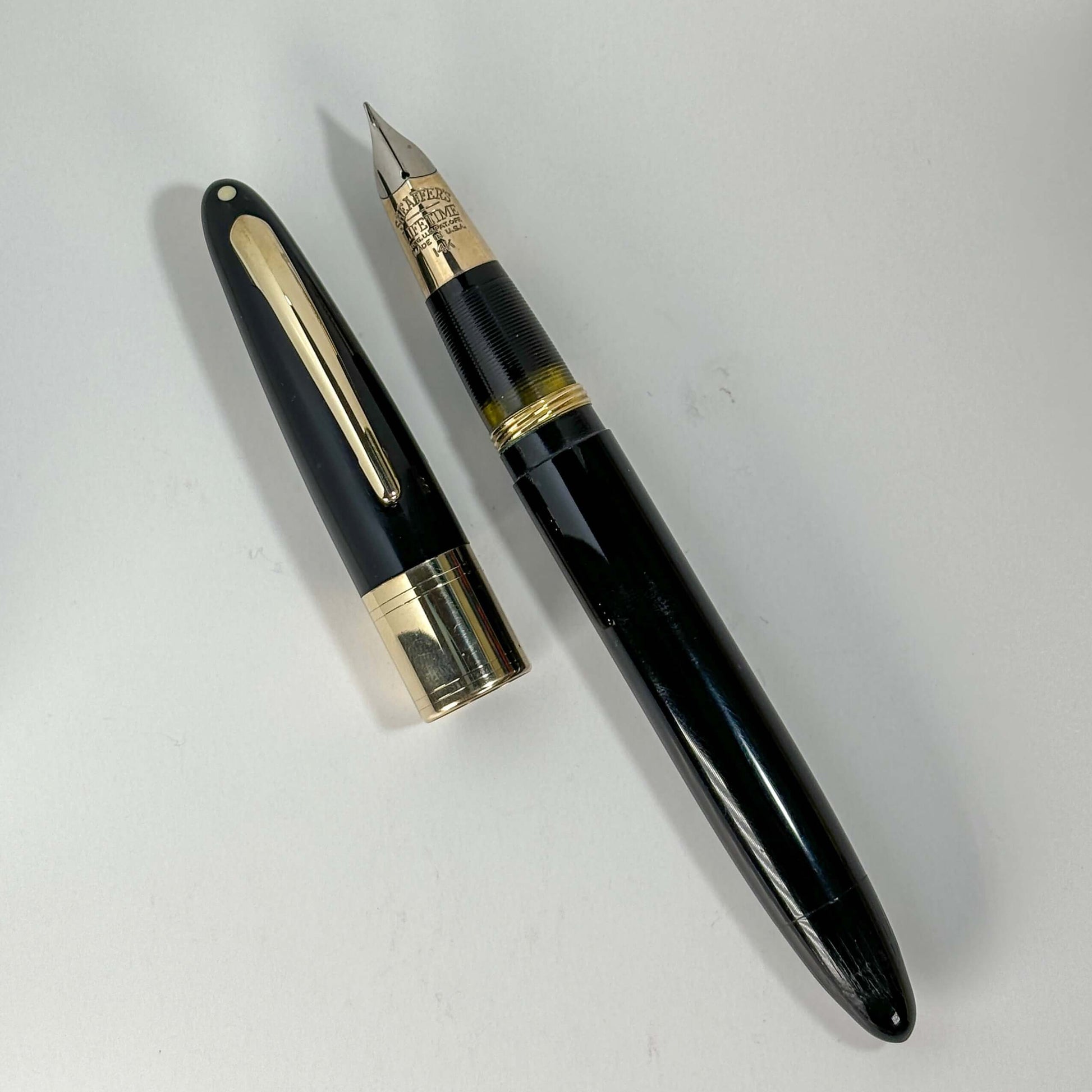 Sheaffer Triumph Lifetime Fountain Pen, Black with Large Gold-Filled Cap Band, Restored Vac-Fil, Two-tone 14K Fine Nib  Ozark Pen Shop   