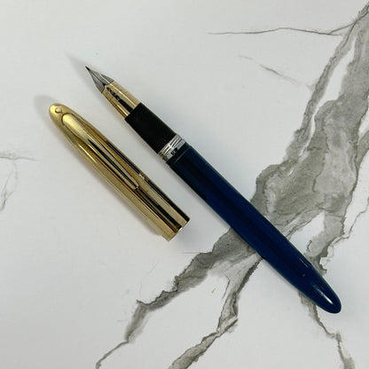 Sheaffer Touchdown TM Crest Deluxe; Persian Blue Barrel with GF Cap, Fine 14K two-tone triumph nib.  Ozark Pen Shop   