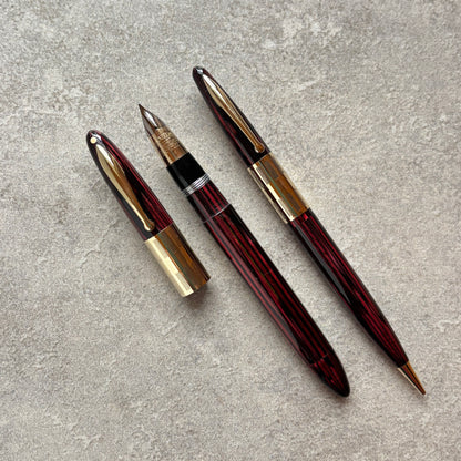 Sheaffer Triumph Vac-fil, Extra-wide cap Band, Carmine Red Fountain Pen and Pencil Set