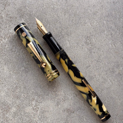 Fountain pen with tortoiseshell pattern on a gray surface