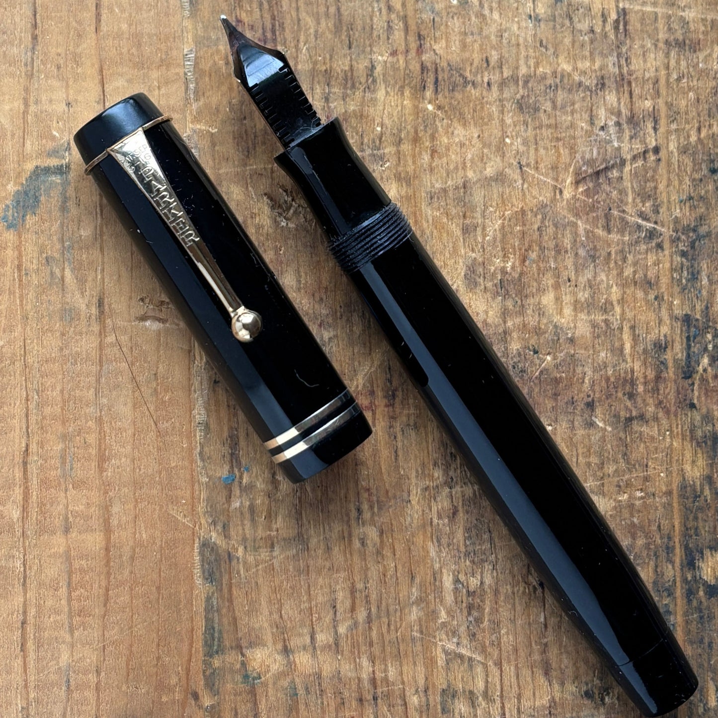 Parker SR Duofold Black Fountain Pen, Restored Button Filler, 14K Fine Nib