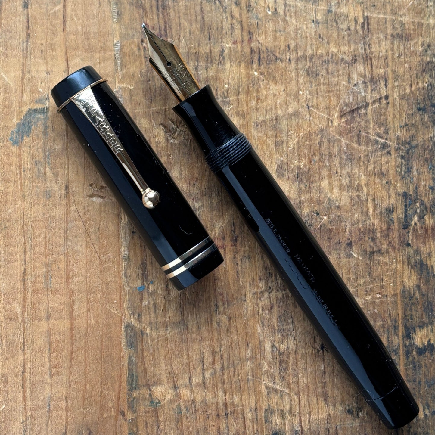 Parker SR Duofold Black Fountain Pen, Restored Button Filler, 14K Fine Nib