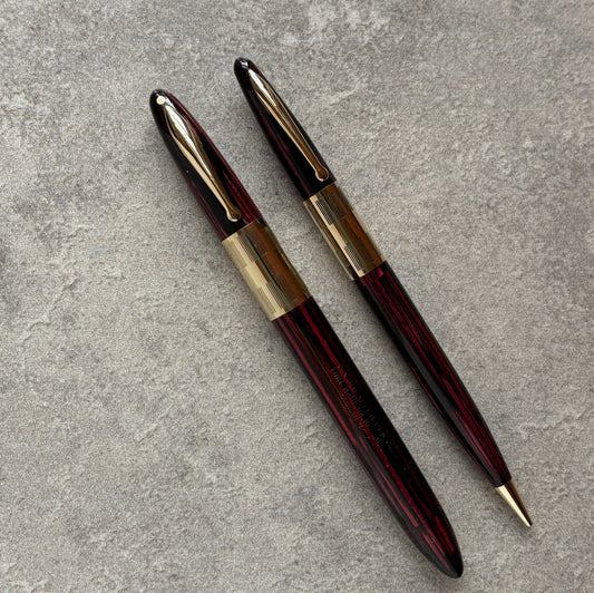 Sheaffer Triumph Vac-fil, Extra-wide cap Band, Carmine Red Fountain Pen and Pencil Set