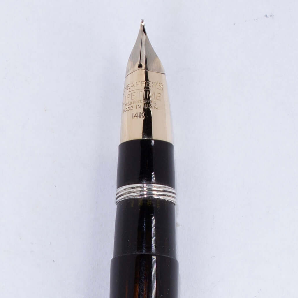 Sheaffer Triumph Vacuum-Fil Plunger Filler, "Reverse Trim" Extra Wide Cap Band, Uncommon black with Chrome Plated Trim, Fine 14K Two Tone Triumph Nib; Restored Vintage Vac-Fil Fountain Pen Ozark Pen Shop   