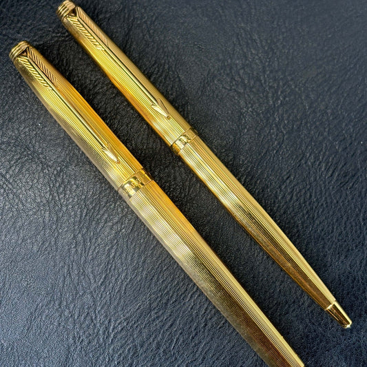 Parker 75 Fountain Pen and Cap Actuated Ballpoint Pen Set, Gold Plated cap and Barrels, 14K Medium nib.  Ozark Pen Shop   