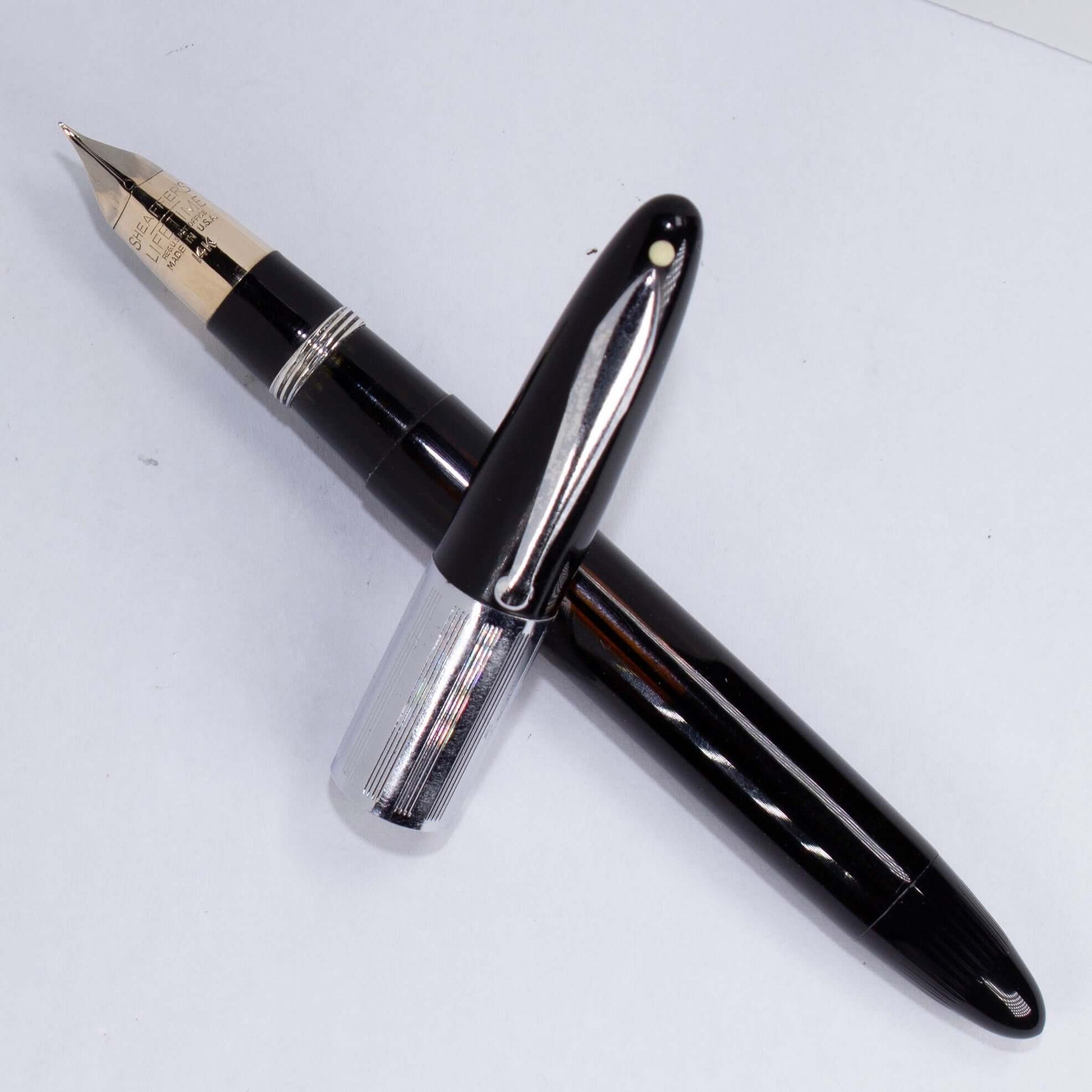 Sheaffer Triumph Vacuum-Fil Plunger Filler, "Reverse Trim" Extra Wide Cap Band, Uncommon black with Chrome Plated Trim, Fine 14K Two Tone Triumph Nib; Restored Vintage Vac-Fil Fountain Pen Ozark Pen Shop   