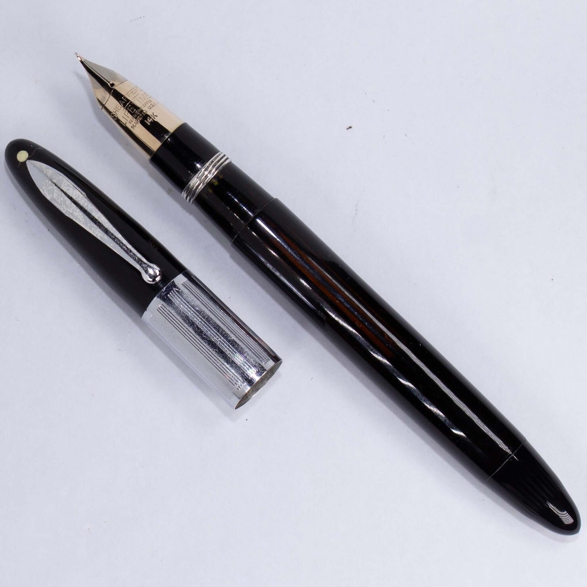 Sheaffer Triumph Vacuum-Fil Plunger Filler, "Reverse Trim" Extra Wide Cap Band, Uncommon black with Chrome Plated Trim, Fine 14K Two Tone Triumph Nib; Restored Vintage Vac-Fil Fountain Pen Ozark Pen Shop   