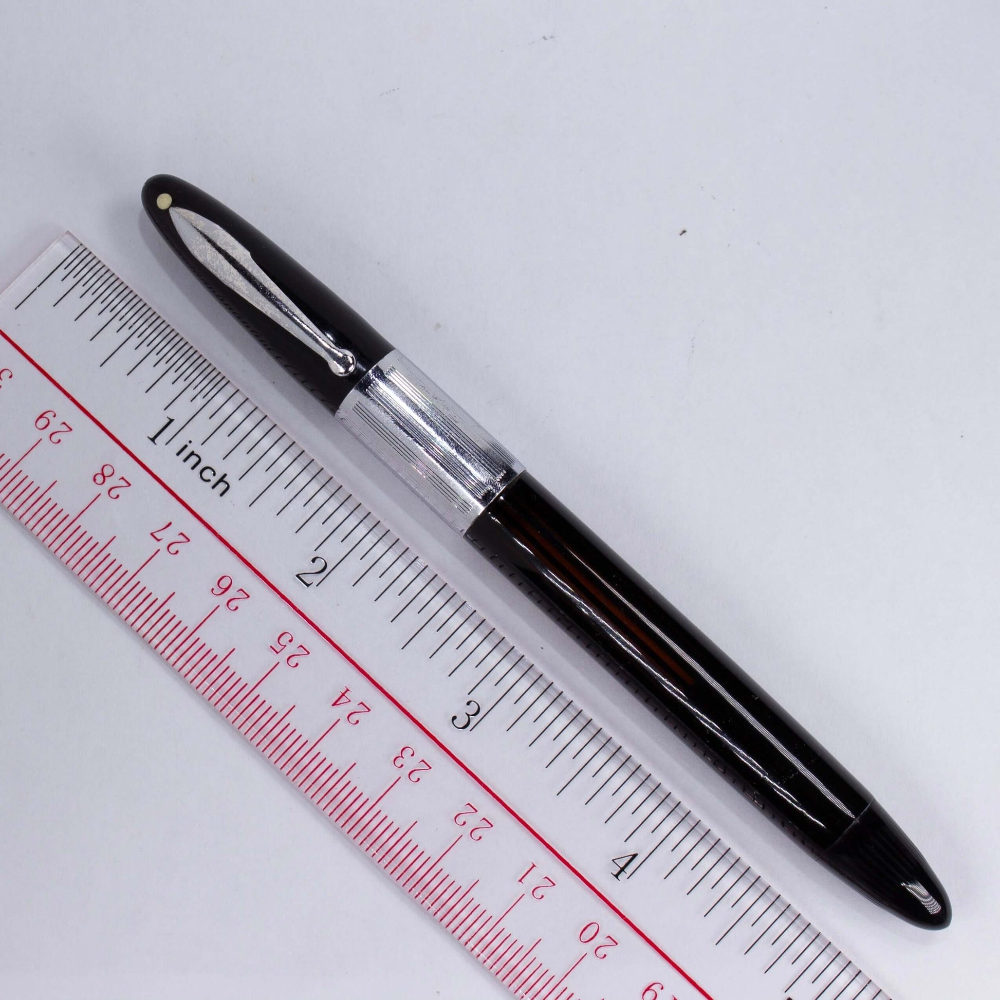 Sheaffer Triumph Vacuum-Fil Plunger Filler, "Reverse Trim" Extra Wide Cap Band, Uncommon black with Chrome Plated Trim, Fine 14K Two Tone Triumph Nib; Restored Vintage Vac-Fil Fountain Pen Ozark Pen Shop   