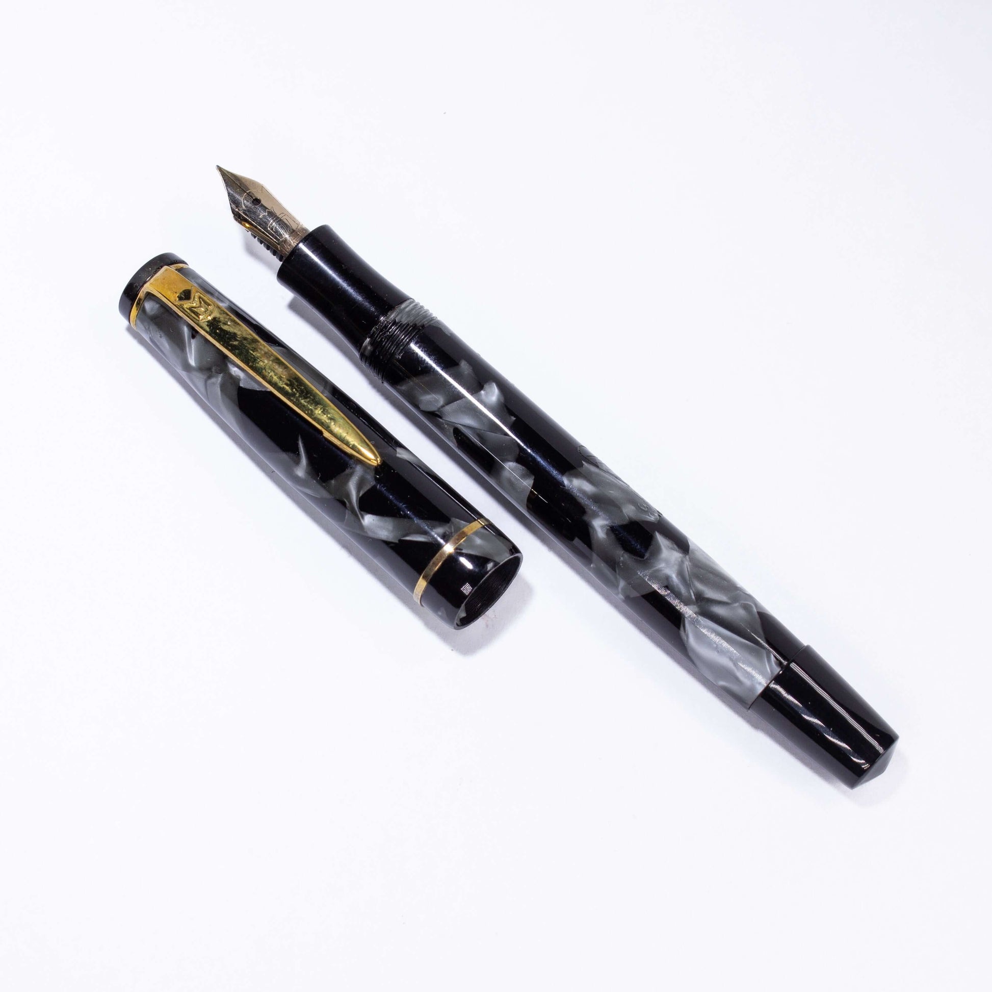 Merlin 33 Fountain Pen, Black and Grey Pearl, Gold Trim 14K Merlin Nib, Flexible, Button Filler with New Sac Installed  Ozark Pen Shop   